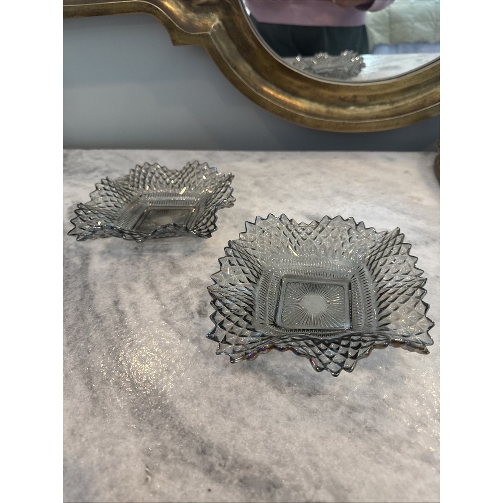 2 Vintage Indiana Carnival Glass Smoke Iridescent Ruffled Edge‎ Diamond Cut Dish